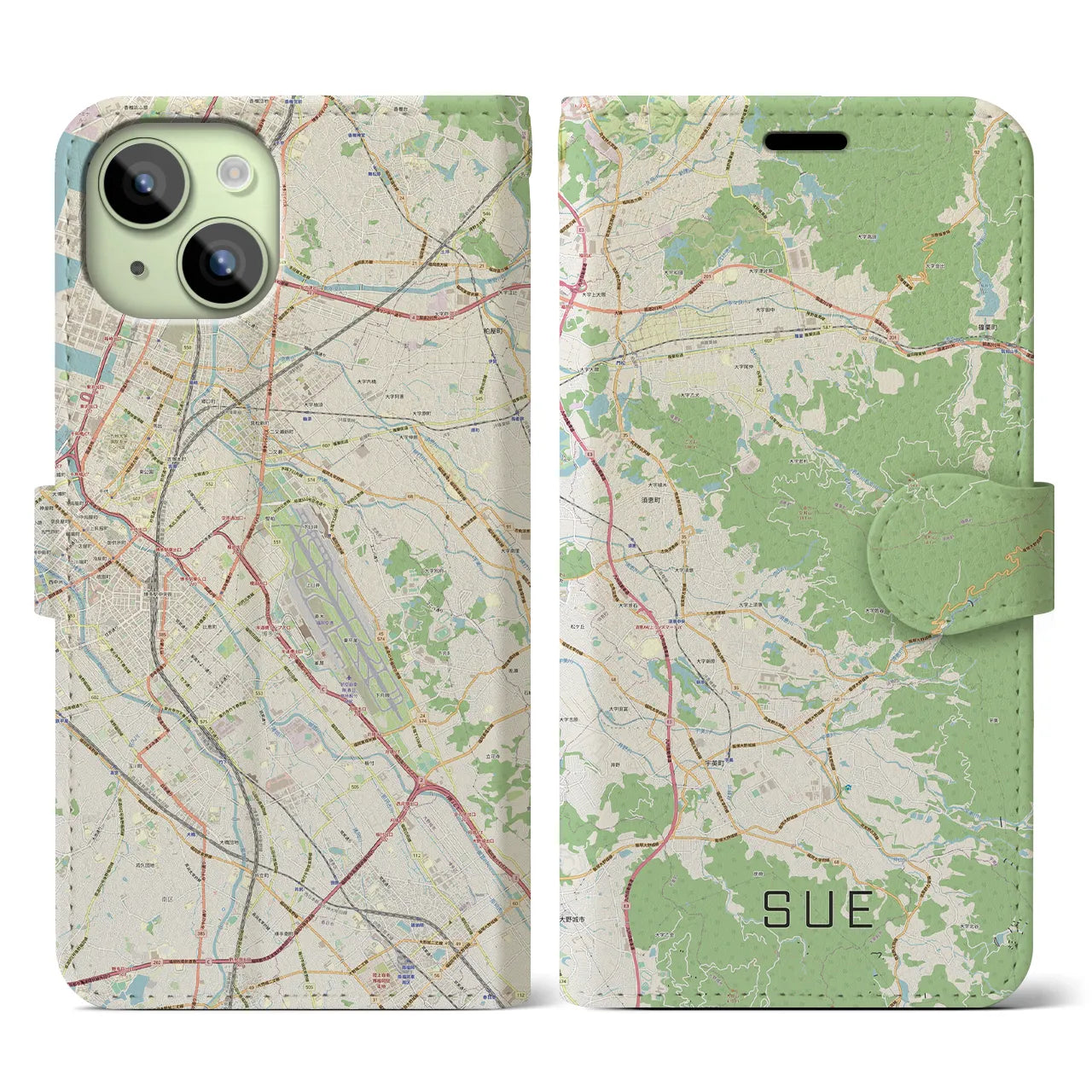 【須恵】地図柄iPhoneケース（手帳両面タイプ・ナチュラル）iPhone 15 用