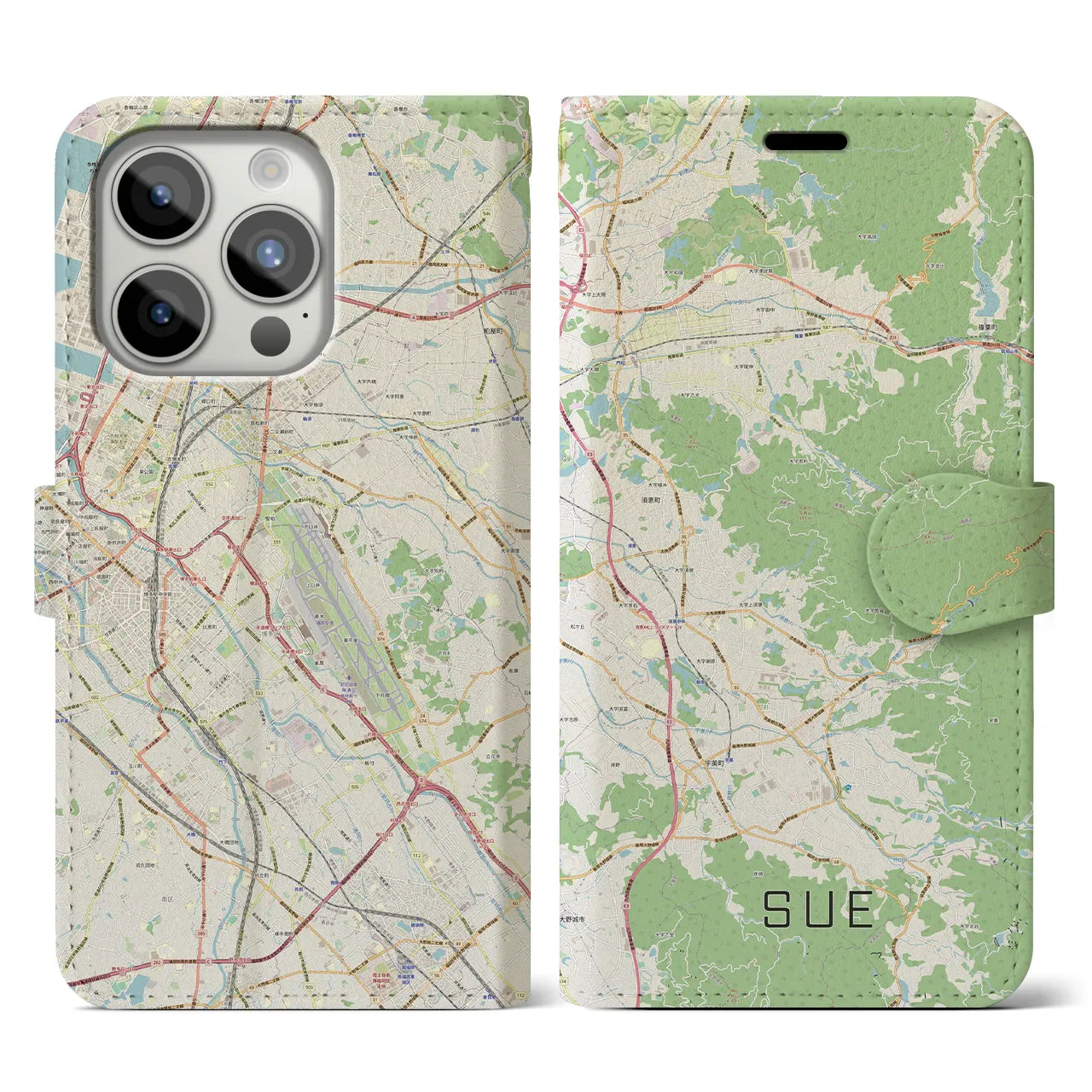 【須恵】地図柄iPhoneケース（手帳両面タイプ・ナチュラル）iPhone 15 Pro 用
