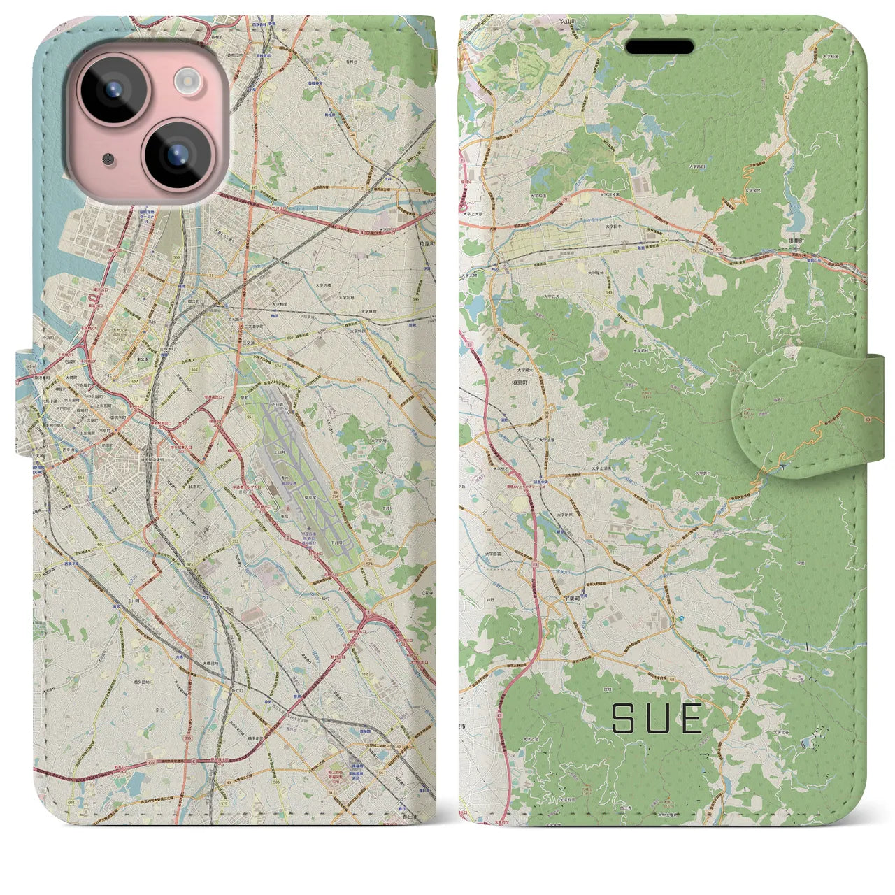 【須恵】地図柄iPhoneケース（手帳両面タイプ・ナチュラル）iPhone 15 Plus 用