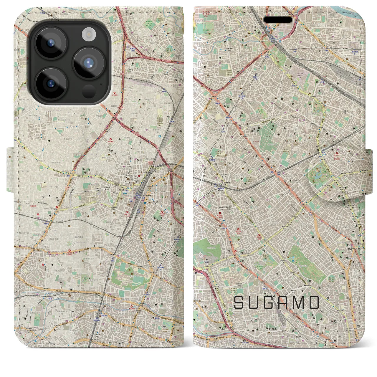 【巣鴨】地図柄iPhoneケース（手帳両面タイプ・ナチュラル）iPhone 15 Pro Max 用