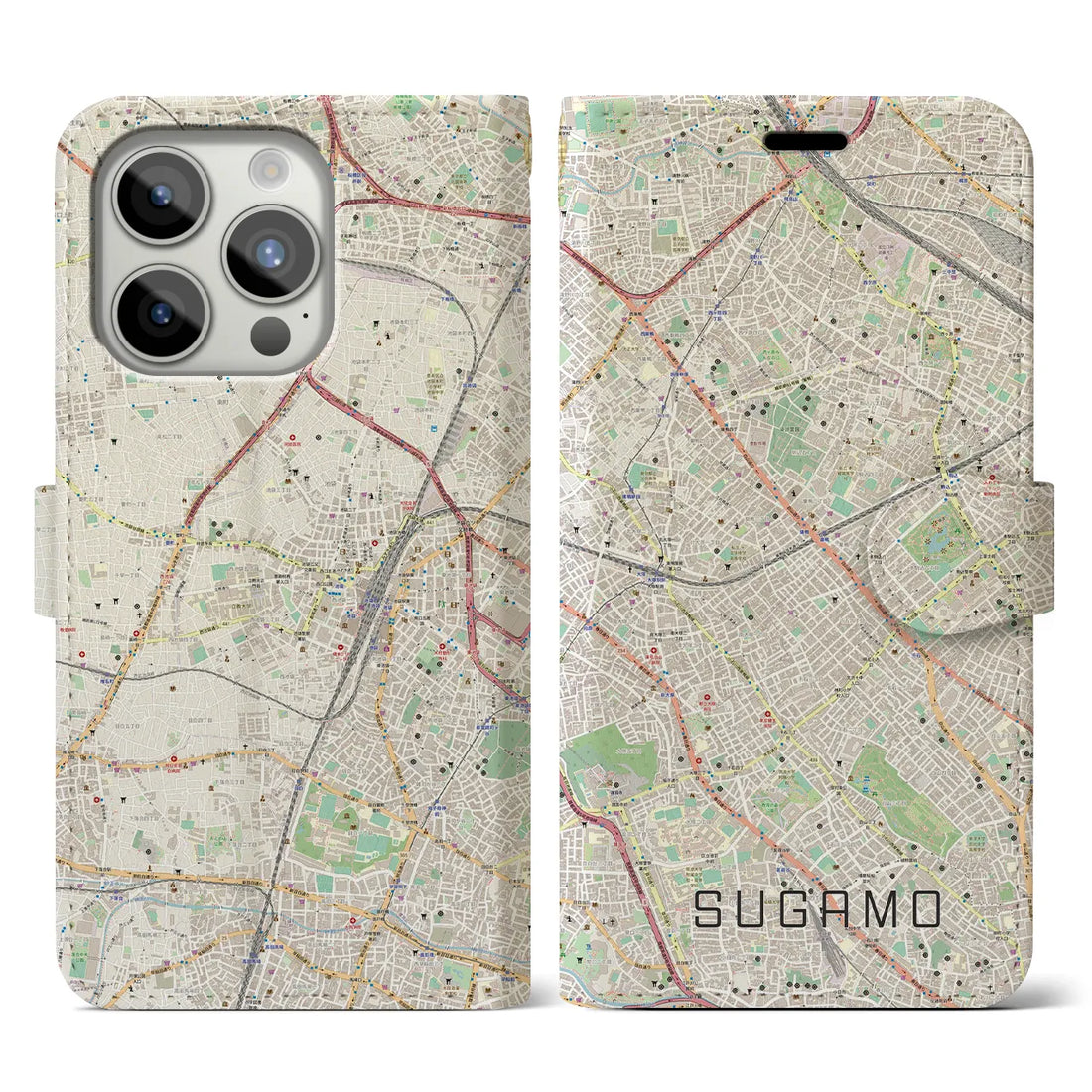【巣鴨】地図柄iPhoneケース（手帳両面タイプ・ナチュラル）iPhone 15 Pro 用