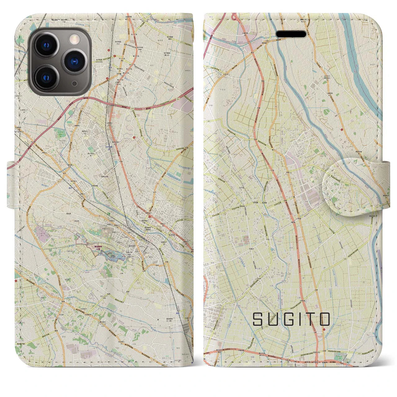 【杉戸】地図柄iPhoneケース（手帳両面タイプ・ナチュラル）iPhone 11 Pro Max 用