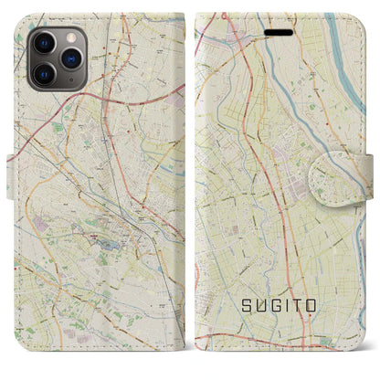 【杉戸（埼玉県）】地図柄iPhoneケース（手帳タイプ）ナチュラル・iPhone 11 Pro Max 用