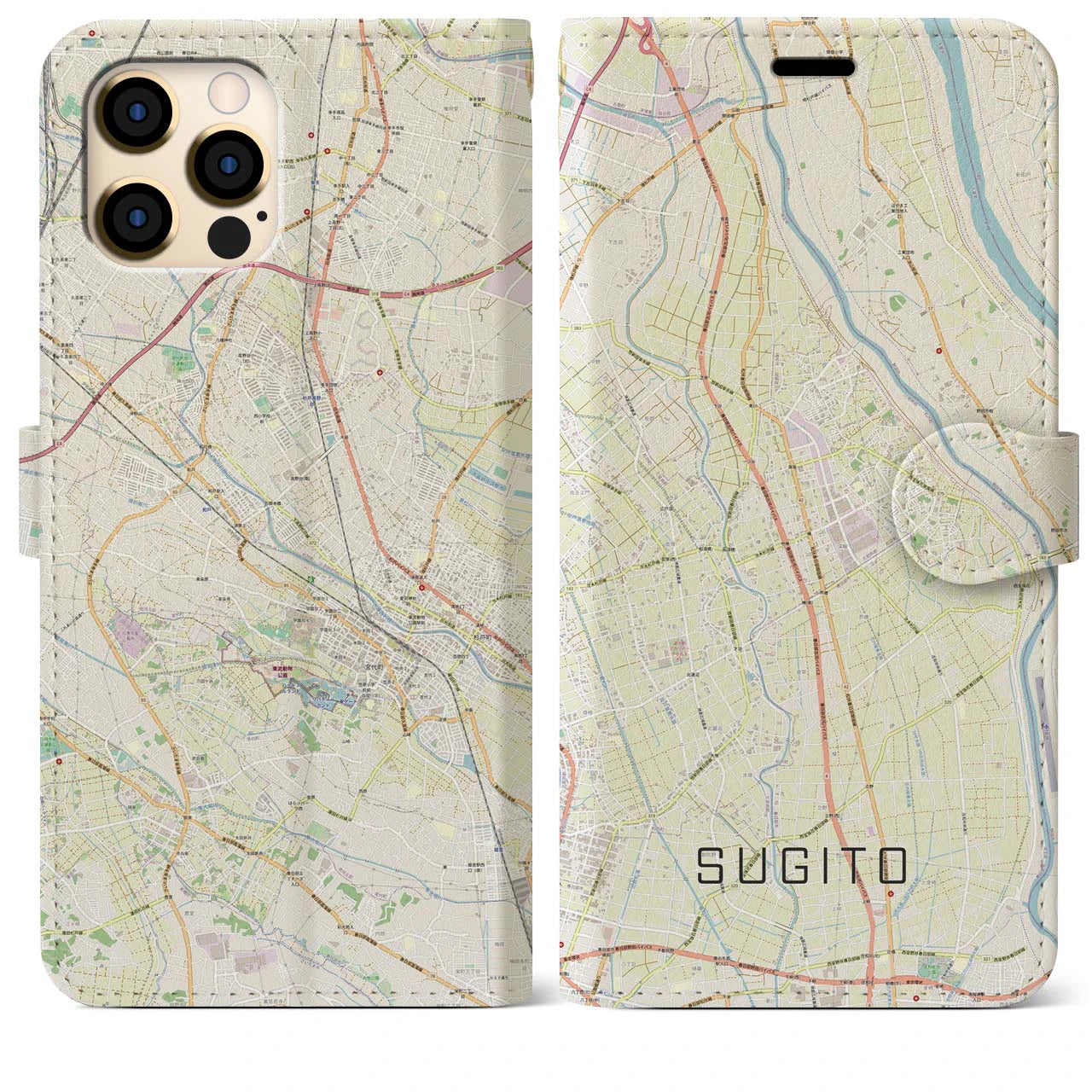 【杉戸】地図柄iPhoneケース（手帳両面タイプ・ナチュラル）iPhone 12 Pro Max 用