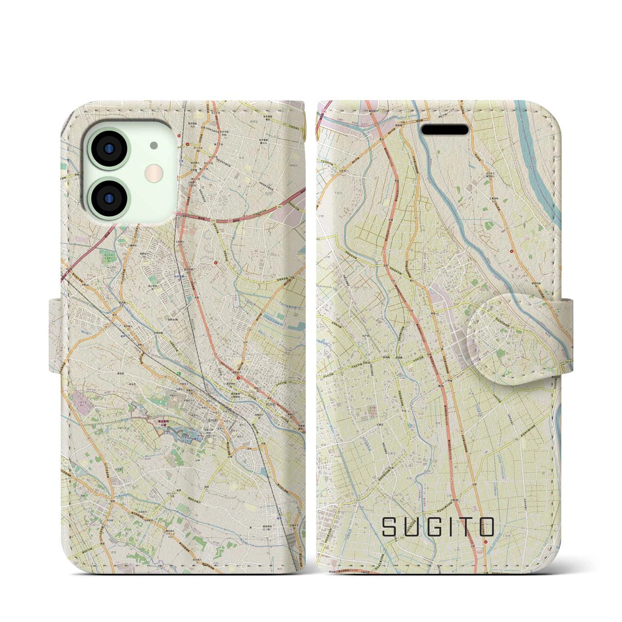 【杉戸】地図柄iPhoneケース（手帳両面タイプ・ナチュラル）iPhone 12 mini 用
