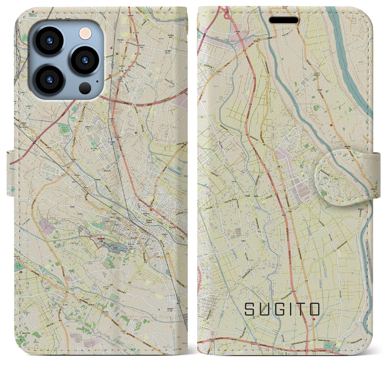 【杉戸】地図柄iPhoneケース（手帳両面タイプ・ナチュラル）iPhone 13 Pro Max 用