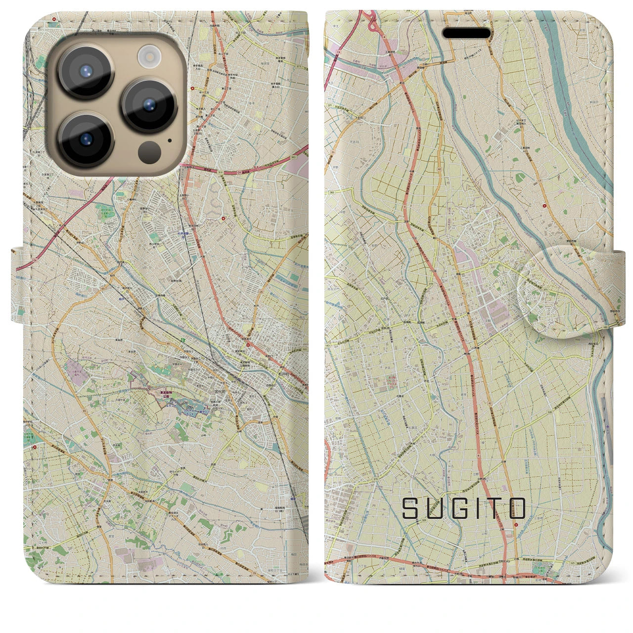 【杉戸】地図柄iPhoneケース（手帳両面タイプ・ナチュラル）iPhone 14 Pro Max 用