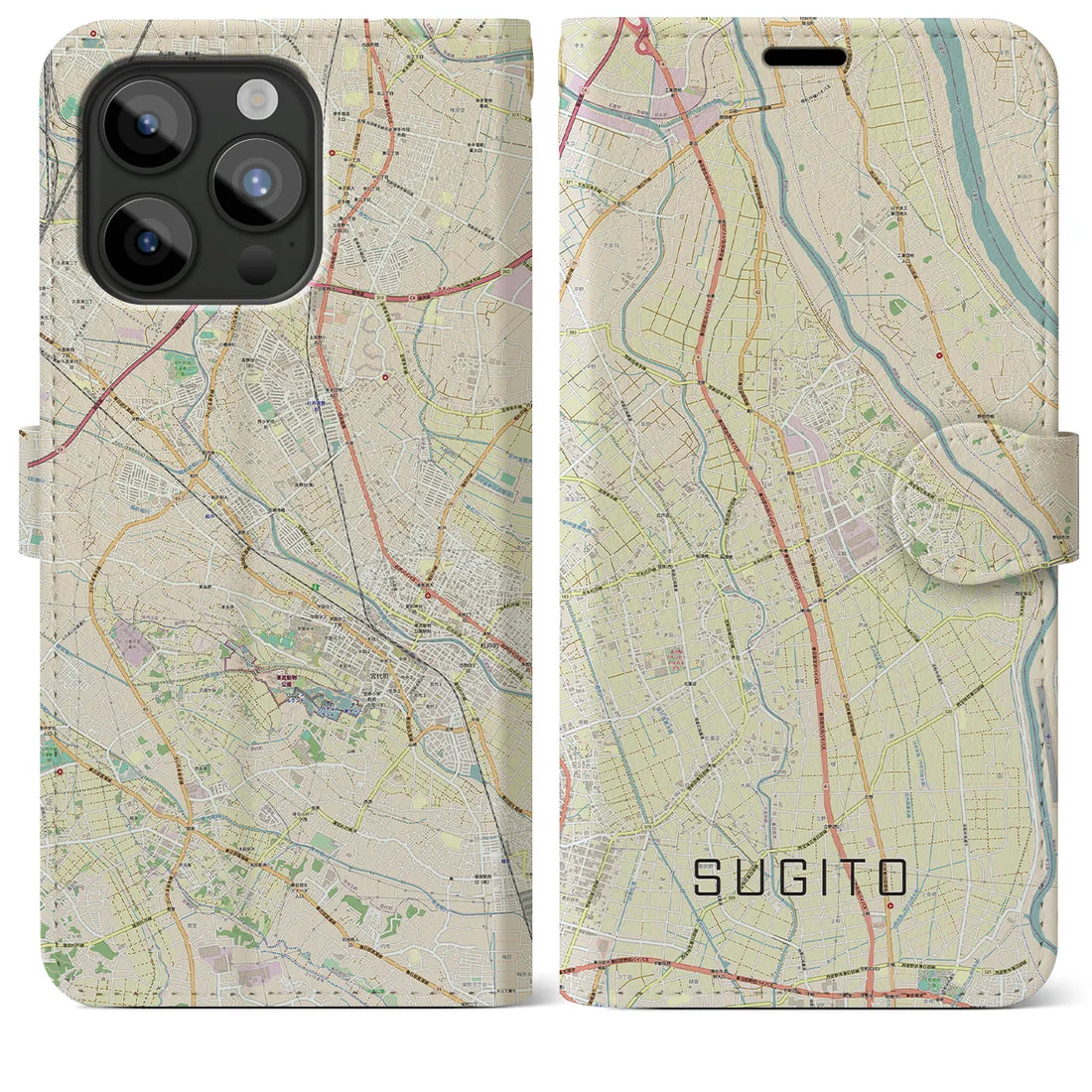 【杉戸】地図柄iPhoneケース（手帳両面タイプ・ナチュラル）iPhone 15 Pro Max 用
