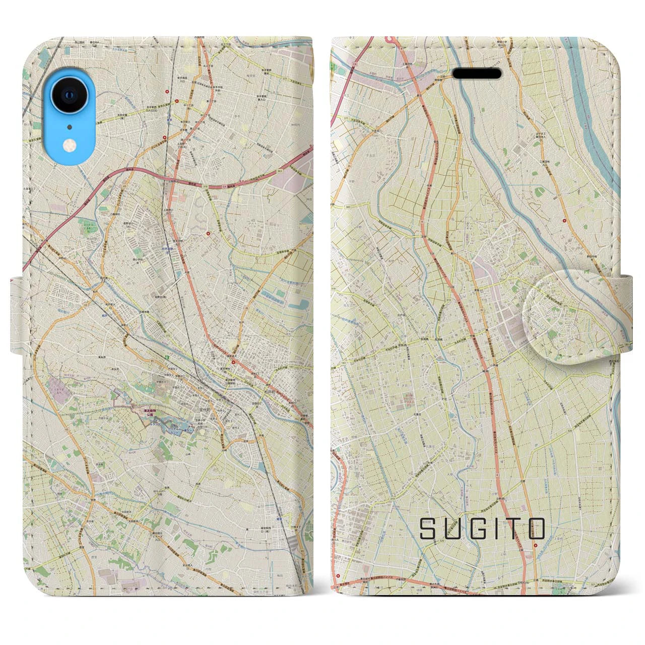 【杉戸】地図柄iPhoneケース（手帳両面タイプ・ナチュラル）iPhone XR 用