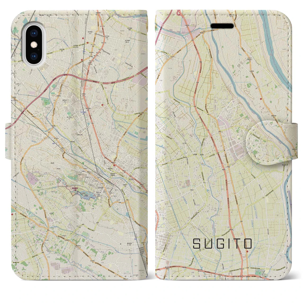 【杉戸】地図柄iPhoneケース（手帳両面タイプ・ナチュラル）iPhone XS Max 用