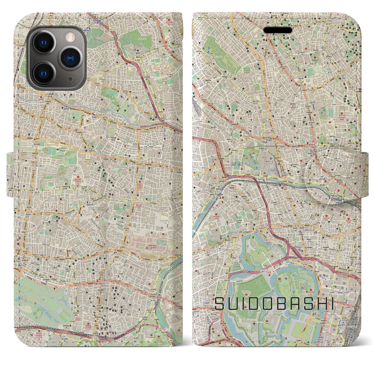 【水道橋】地図柄iPhoneケース（手帳両面タイプ・ナチュラル）iPhone 11 Pro Max 用