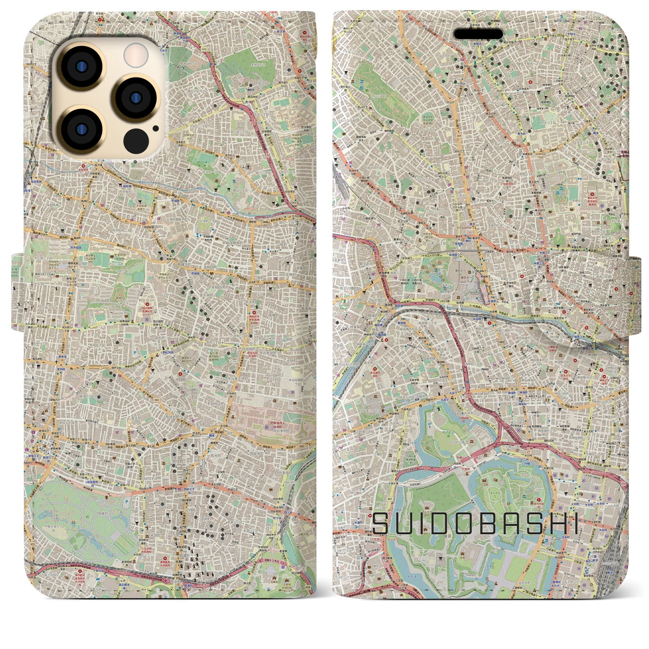 【水道橋】地図柄iPhoneケース（手帳両面タイプ・ナチュラル）iPhone 12 Pro Max 用