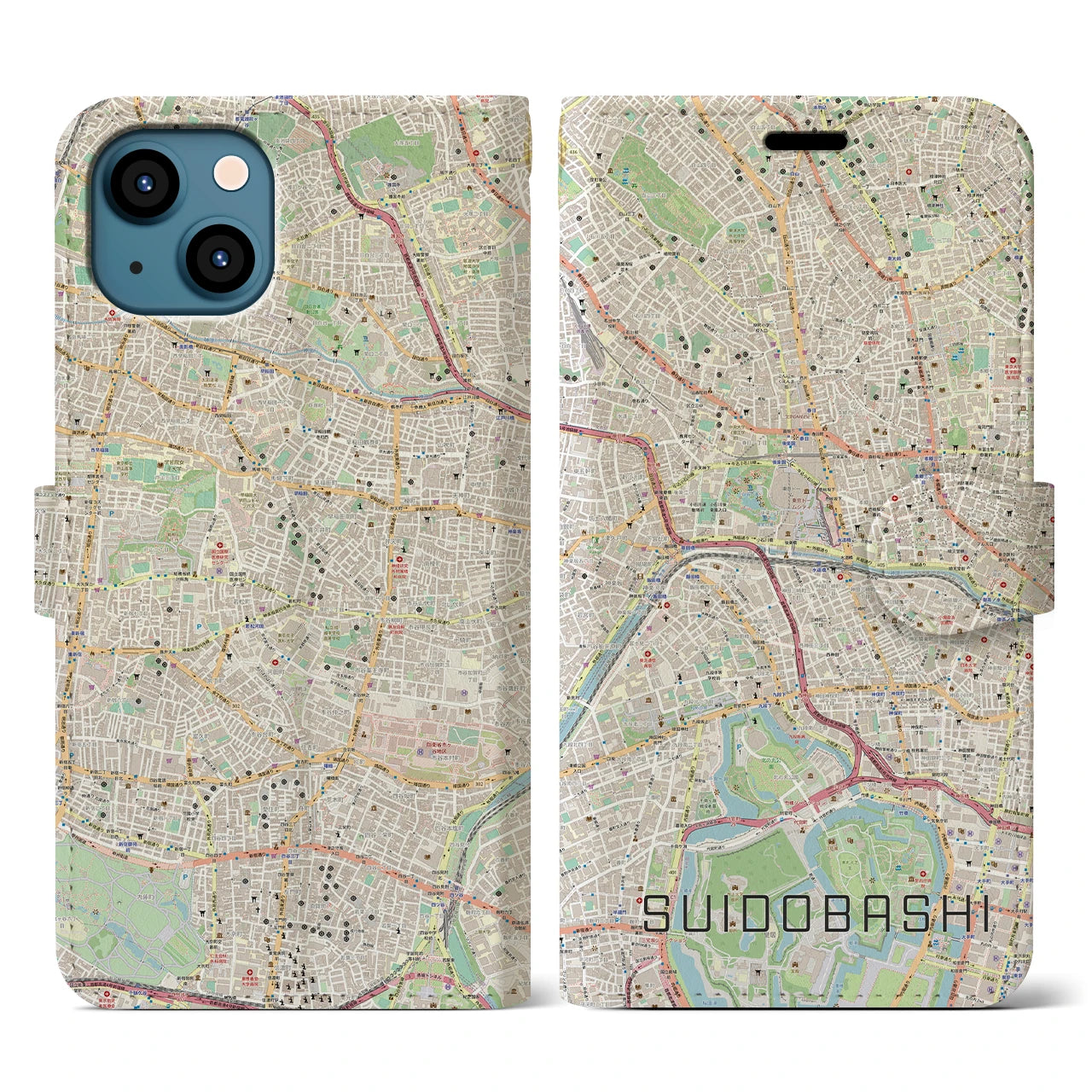 【水道橋】地図柄iPhoneケース（手帳両面タイプ・ナチュラル）iPhone 13 用