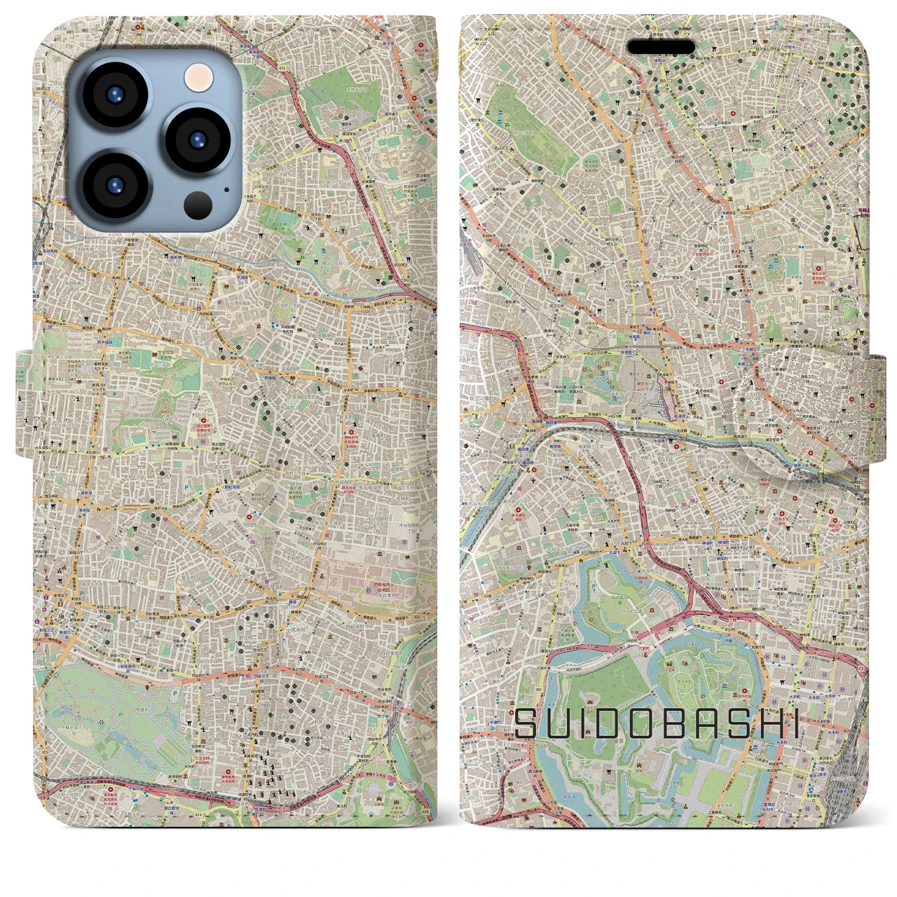【水道橋】地図柄iPhoneケース（手帳両面タイプ・ナチュラル）iPhone 13 Pro Max 用