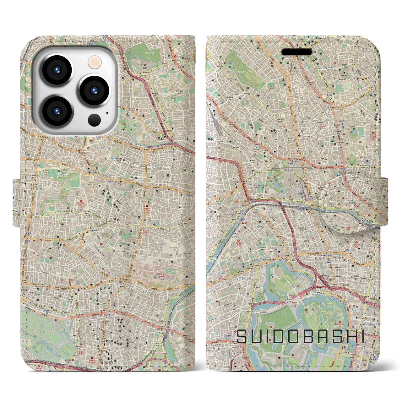 【水道橋】地図柄iPhoneケース（手帳両面タイプ・ナチュラル）iPhone 13 Pro 用