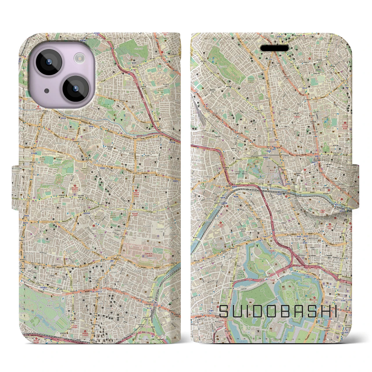 【水道橋】地図柄iPhoneケース（手帳両面タイプ・ナチュラル）iPhone 14 用