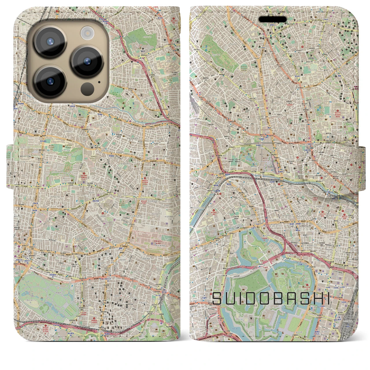 【水道橋】地図柄iPhoneケース（手帳両面タイプ・ナチュラル）iPhone 14 Pro Max 用