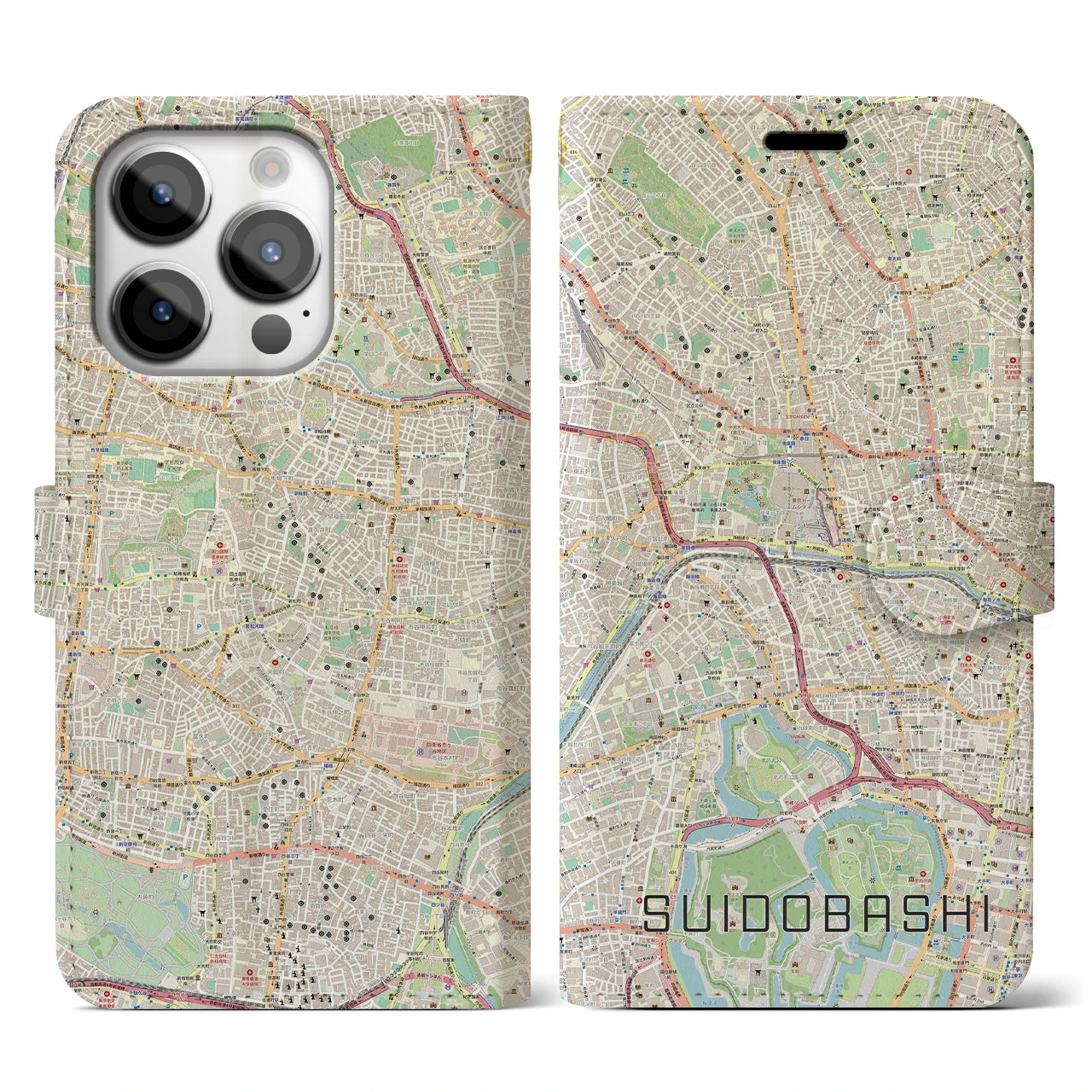 【水道橋】地図柄iPhoneケース（手帳両面タイプ・ナチュラル）iPhone 14 Pro 用
