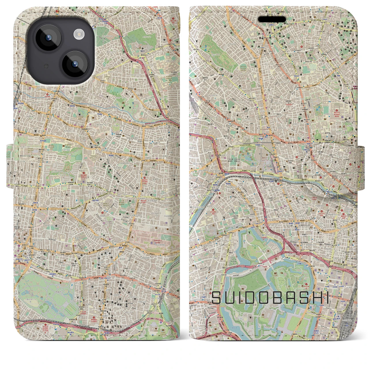 【水道橋】地図柄iPhoneケース（手帳両面タイプ・ナチュラル）iPhone 14 Plus 用