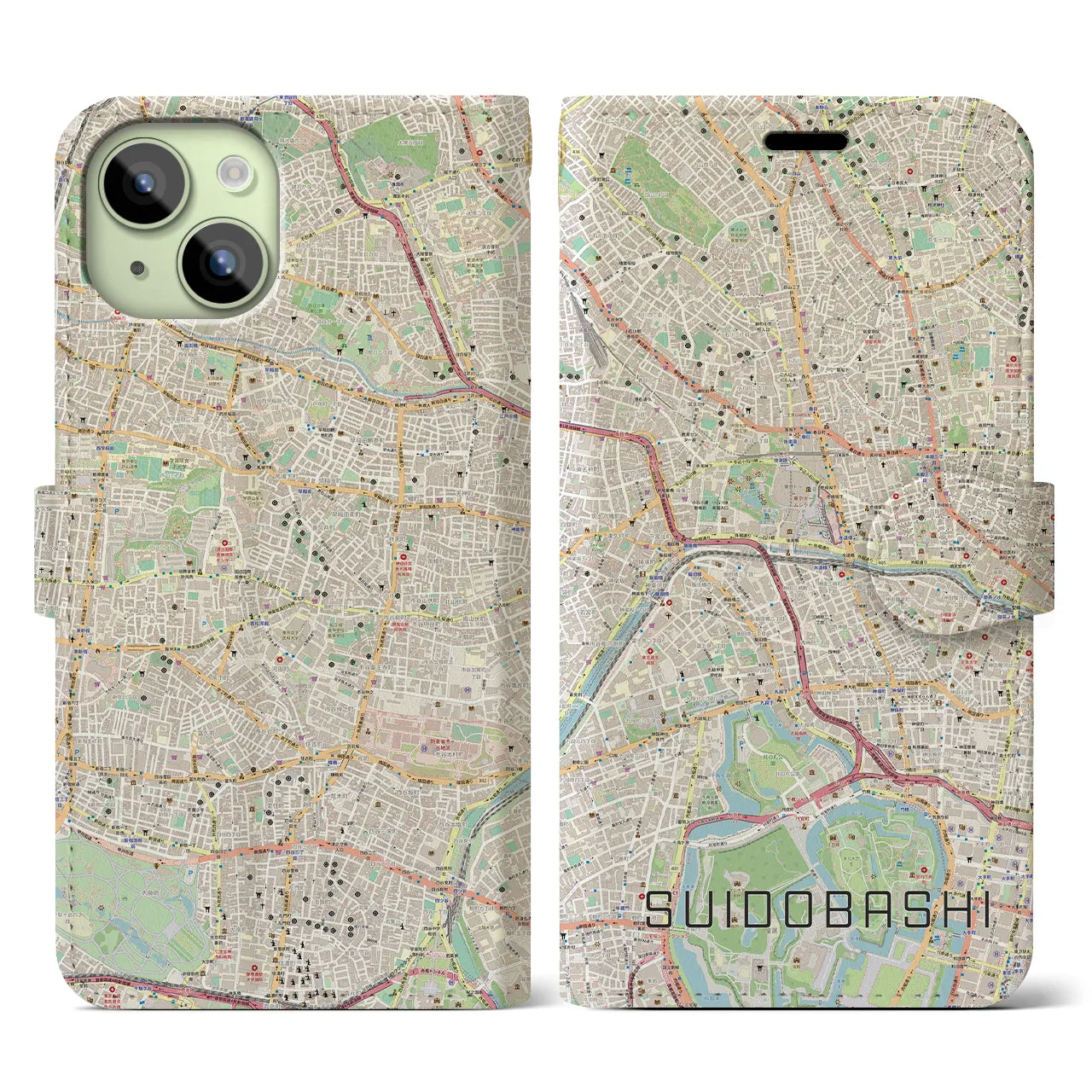 【水道橋】地図柄iPhoneケース（手帳両面タイプ・ナチュラル）iPhone 15 用