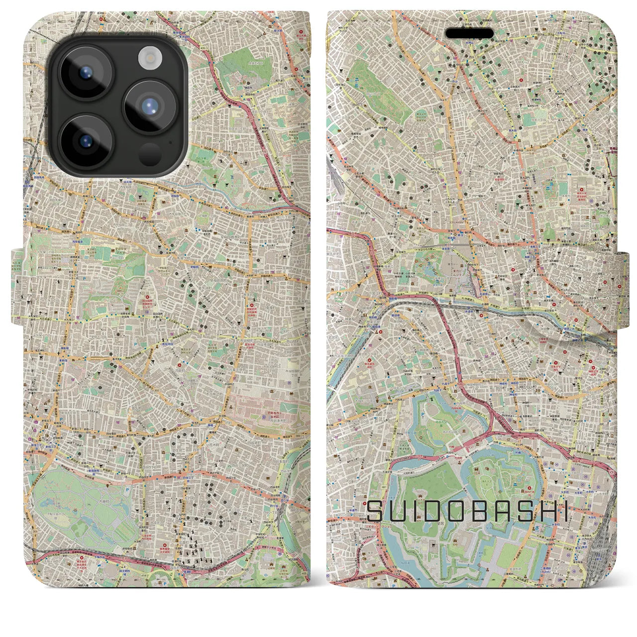 【水道橋】地図柄iPhoneケース（手帳両面タイプ・ナチュラル）iPhone 15 Pro Max 用