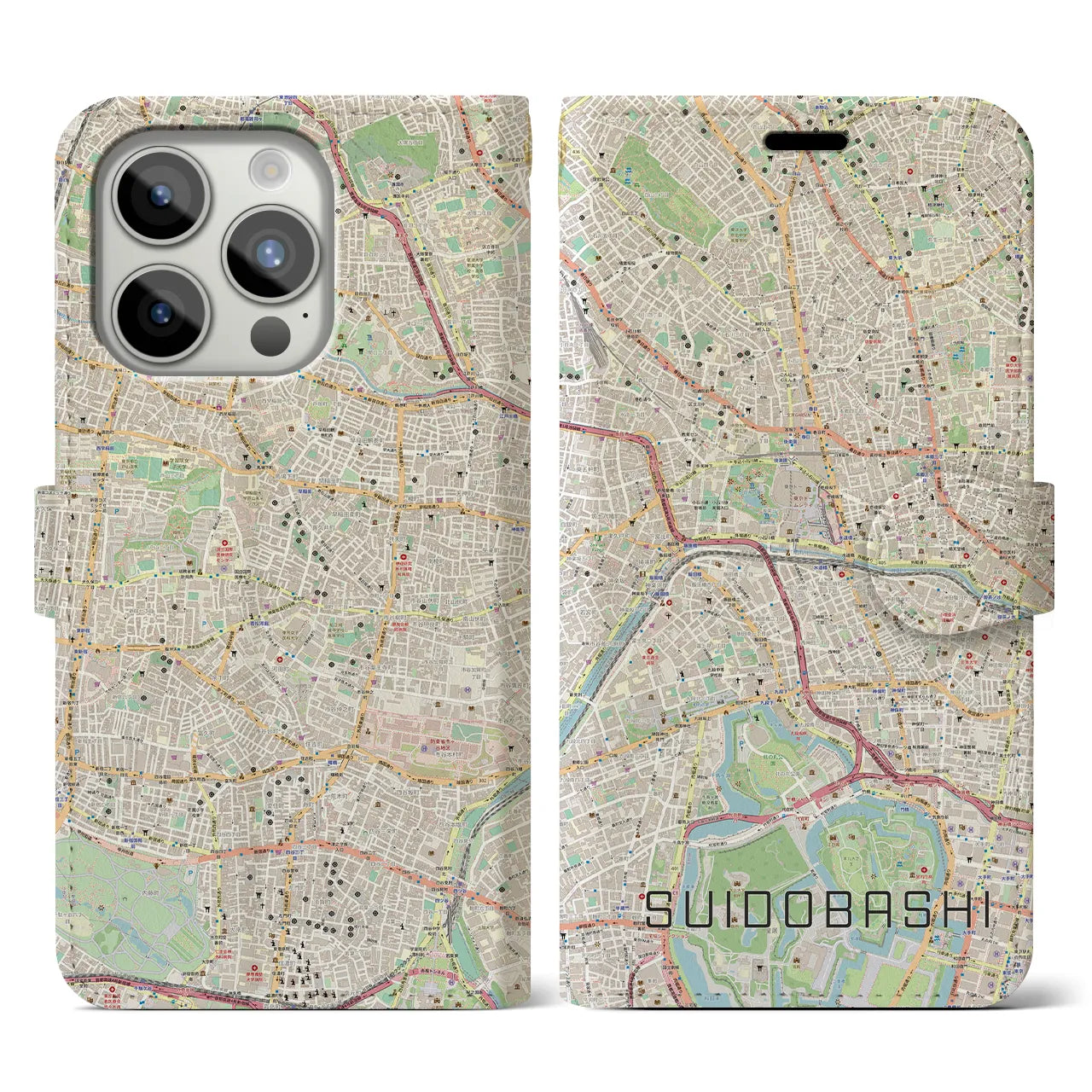 【水道橋】地図柄iPhoneケース（手帳両面タイプ・ナチュラル）iPhone 15 Pro 用