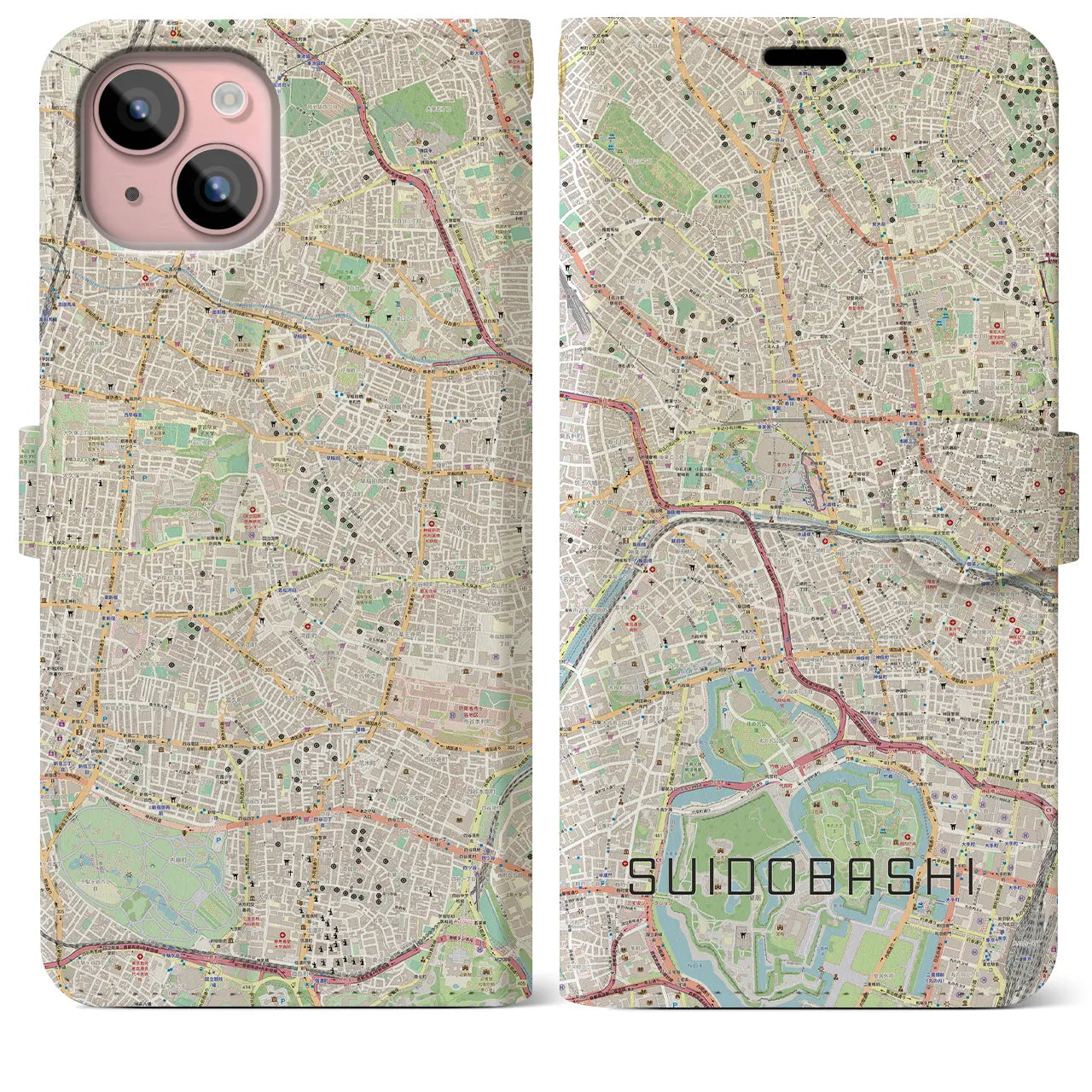 【水道橋】地図柄iPhoneケース（手帳両面タイプ・ナチュラル）iPhone 15 Plus 用