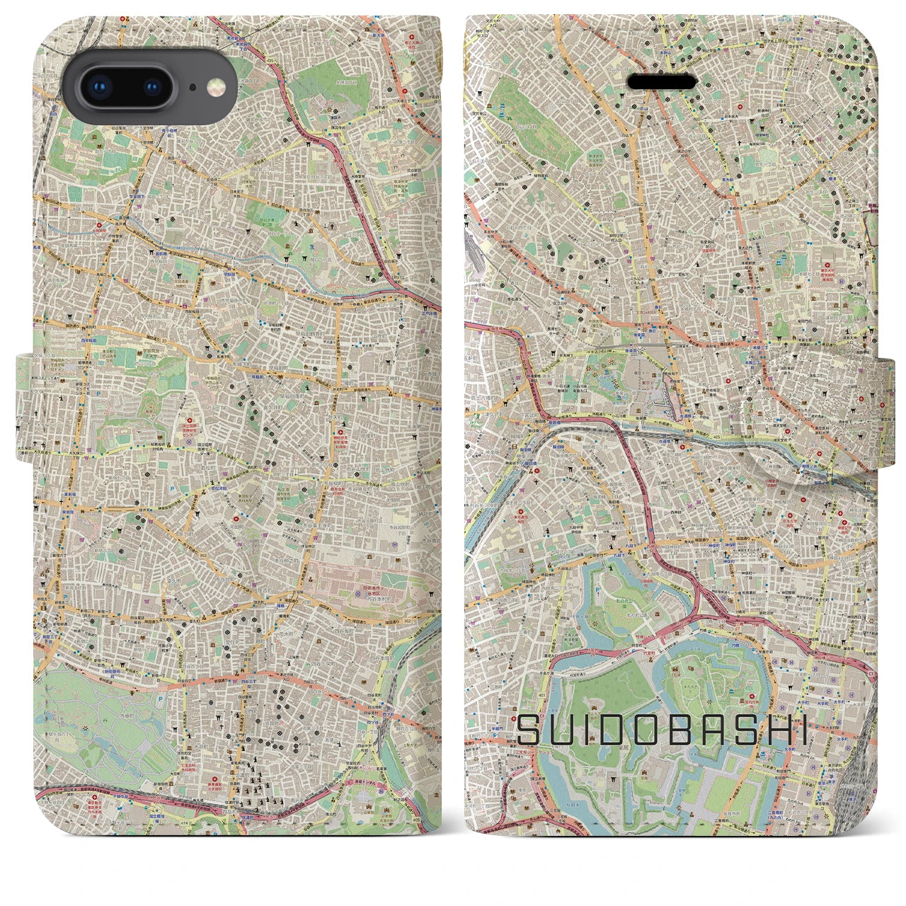 【水道橋】地図柄iPhoneケース（手帳両面タイプ・ナチュラル）iPhone 8Plus /7Plus / 6sPlus / 6Plus 用