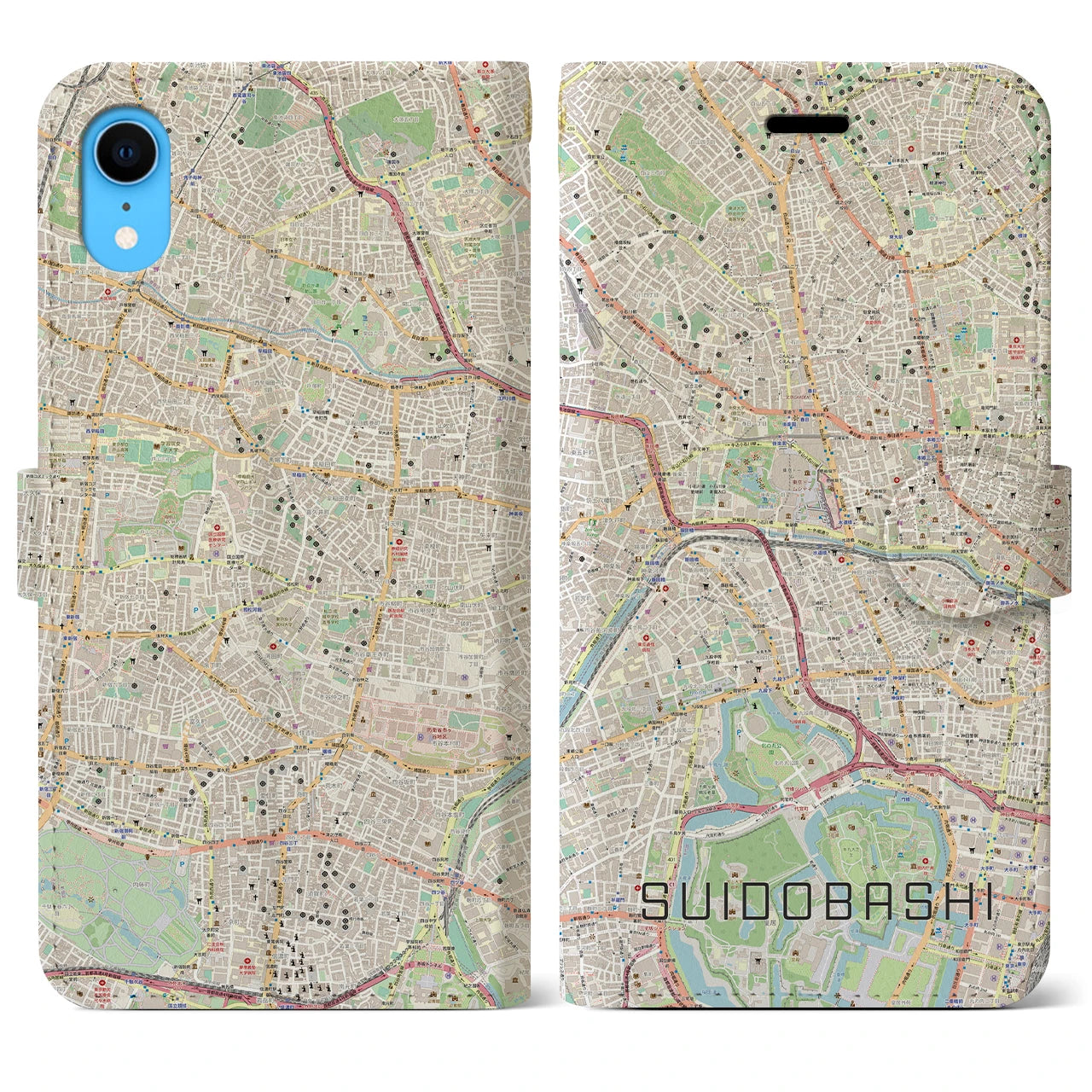 【水道橋】地図柄iPhoneケース（手帳両面タイプ・ナチュラル）iPhone XR 用