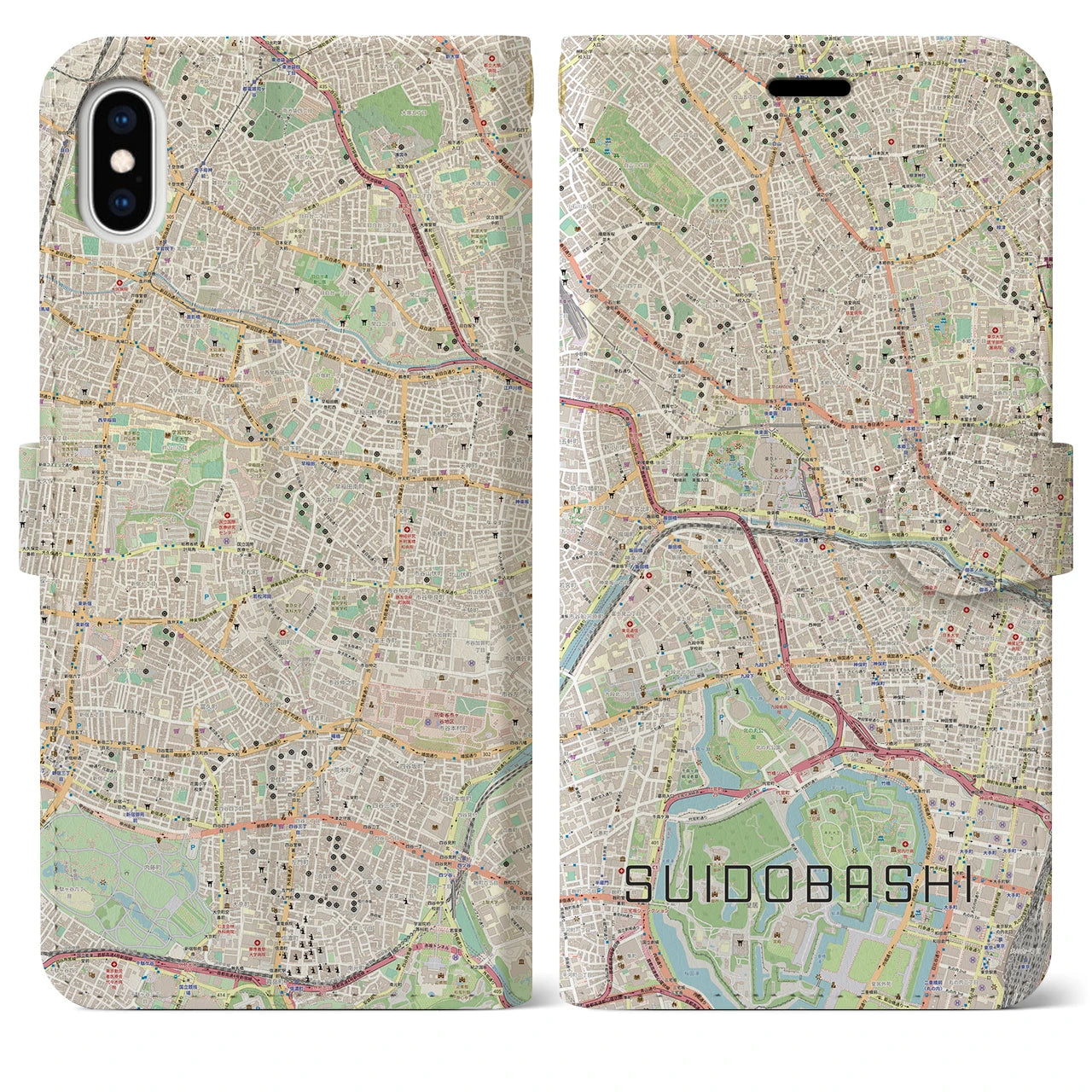 【水道橋】地図柄iPhoneケース（手帳両面タイプ・ナチュラル）iPhone XS Max 用
