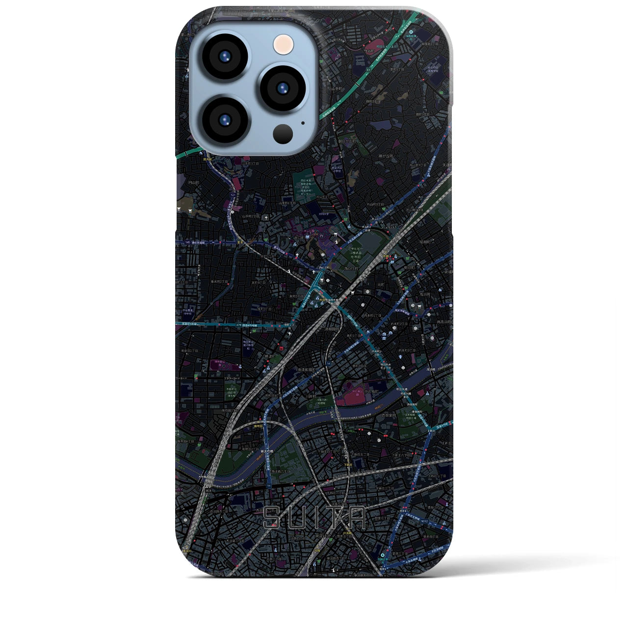 【吹田】地図柄iPhoneケース（バックカバータイプ・ブラック）iPhone 13 Pro Max 用
