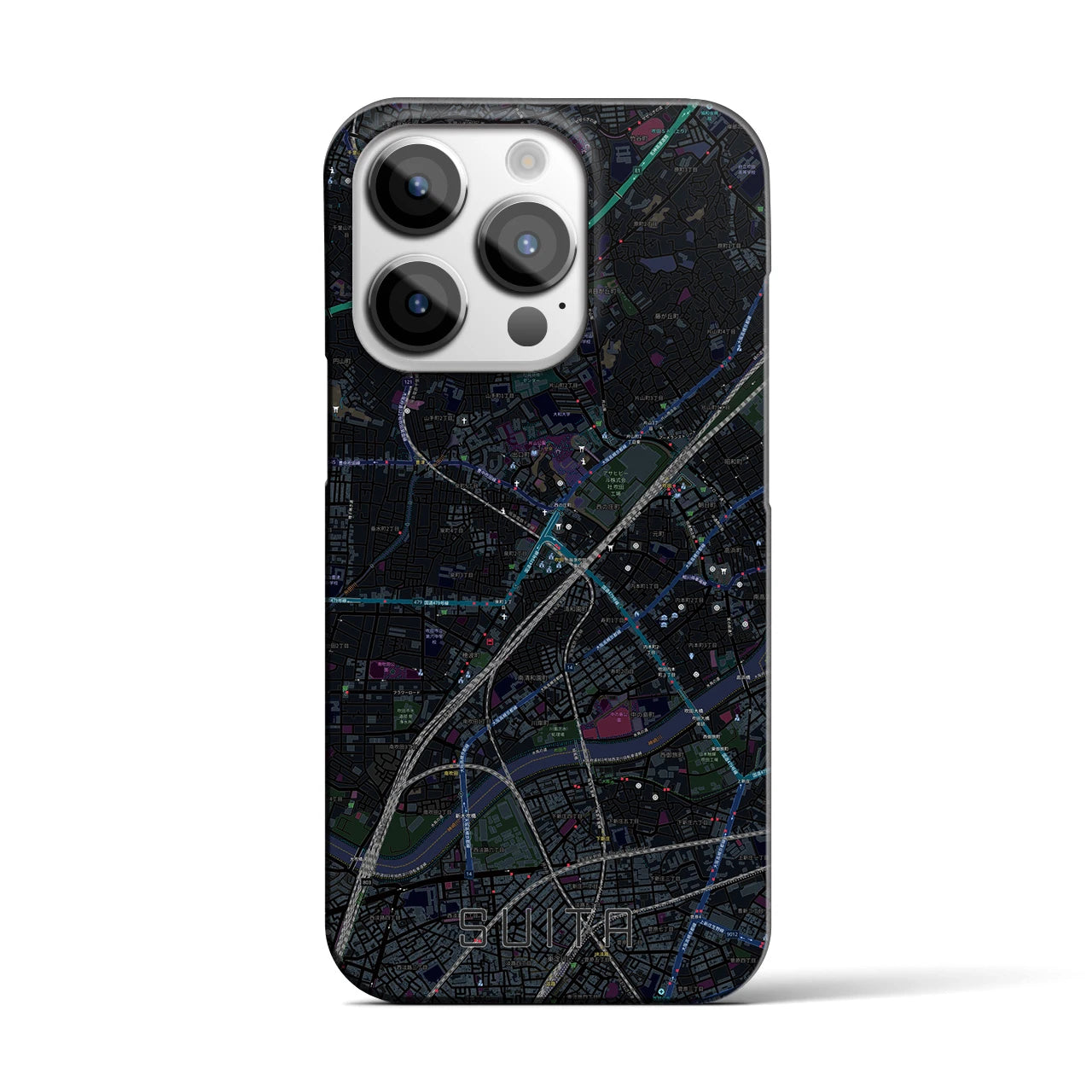 【吹田】地図柄iPhoneケース（バックカバータイプ・ブラック）iPhone 14 Pro 用