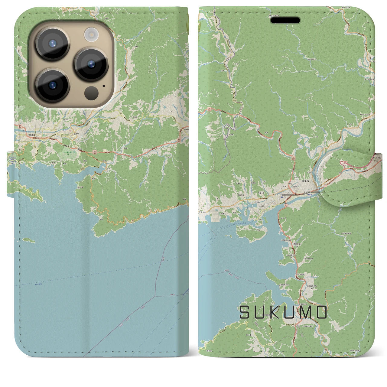 【宿毛】地図柄iPhoneケース（手帳両面タイプ・ナチュラル）iPhone 14 Pro Max 用