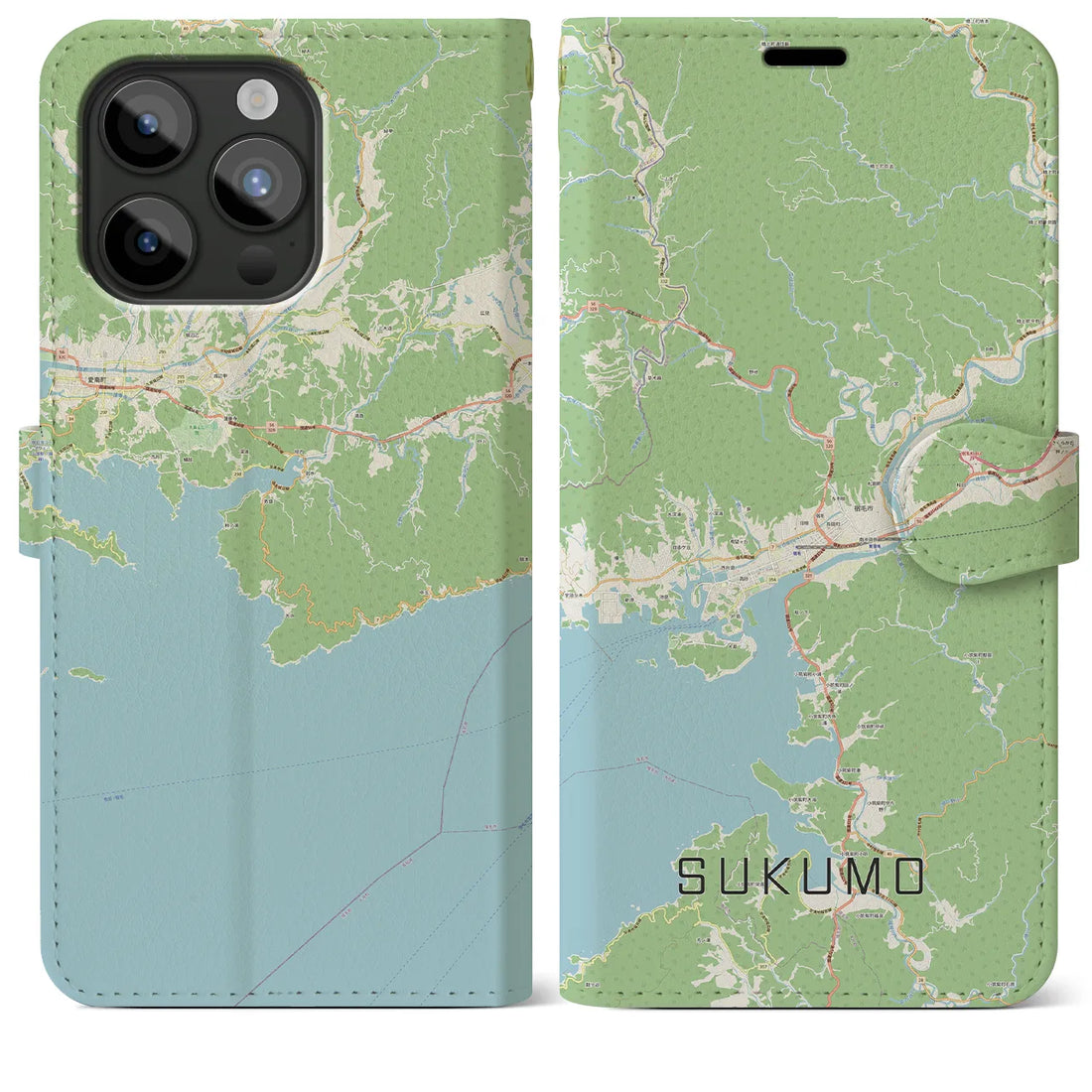 【宿毛】地図柄iPhoneケース（手帳両面タイプ・ナチュラル）iPhone 15 Pro Max 用