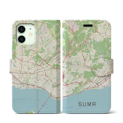 【須磨（兵庫県）】地図柄iPhoneケース（手帳タイプ）ナチュラル・iPhone 12 mini 用