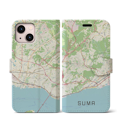 【須磨（兵庫県）】地図柄iPhoneケース（手帳タイプ）ナチュラル・iPhone 13 mini 用