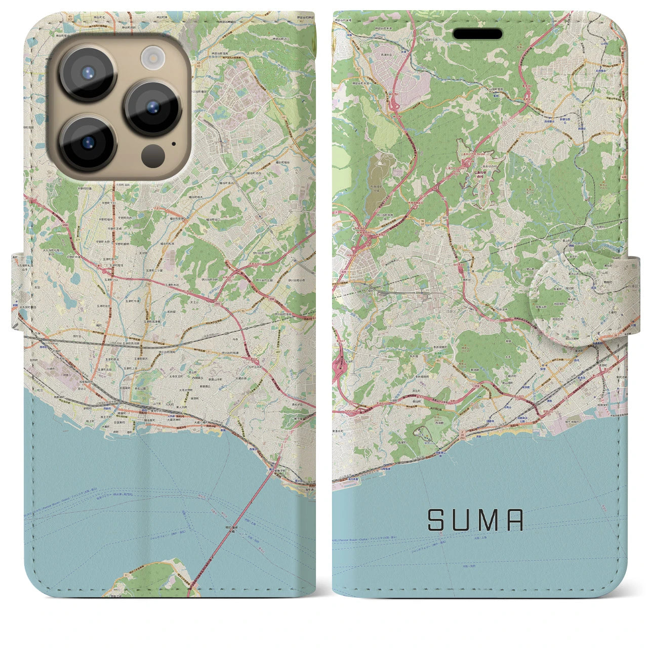 【須磨】地図柄iPhoneケース（手帳両面タイプ・ナチュラル）iPhone 14 Pro Max 用