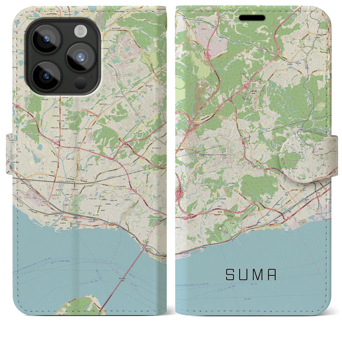 【須磨】地図柄iPhoneケース（手帳両面タイプ・ナチュラル）iPhone 15 Pro Max 用