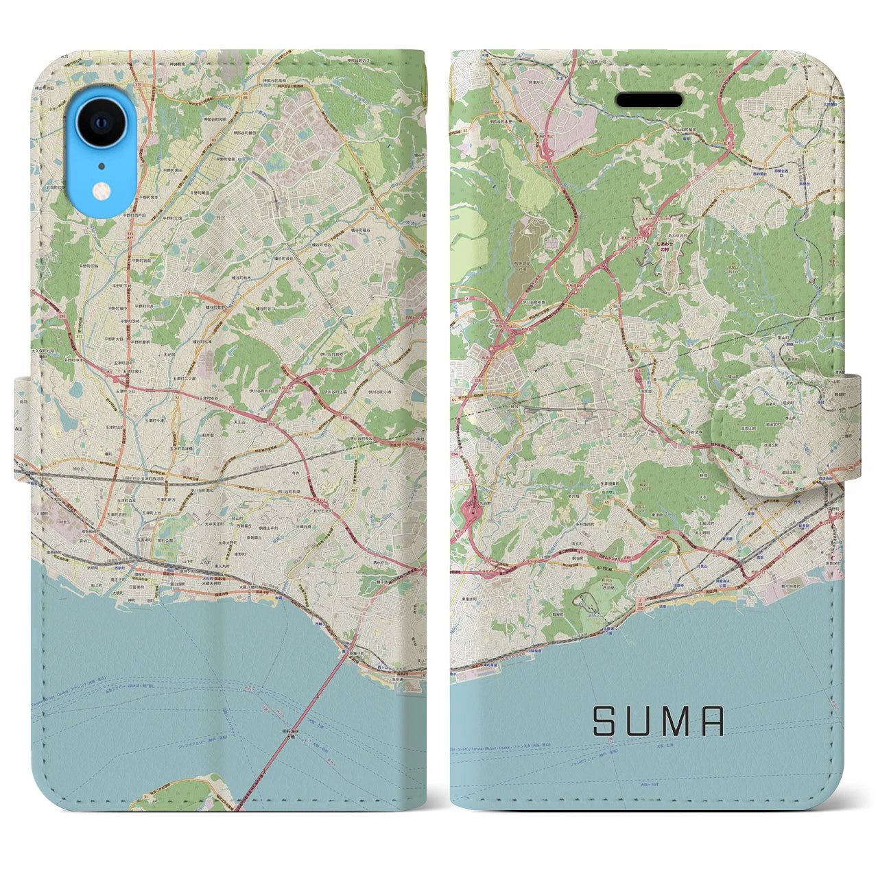 【須磨】地図柄iPhoneケース（手帳両面タイプ・ナチュラル）iPhone XR 用