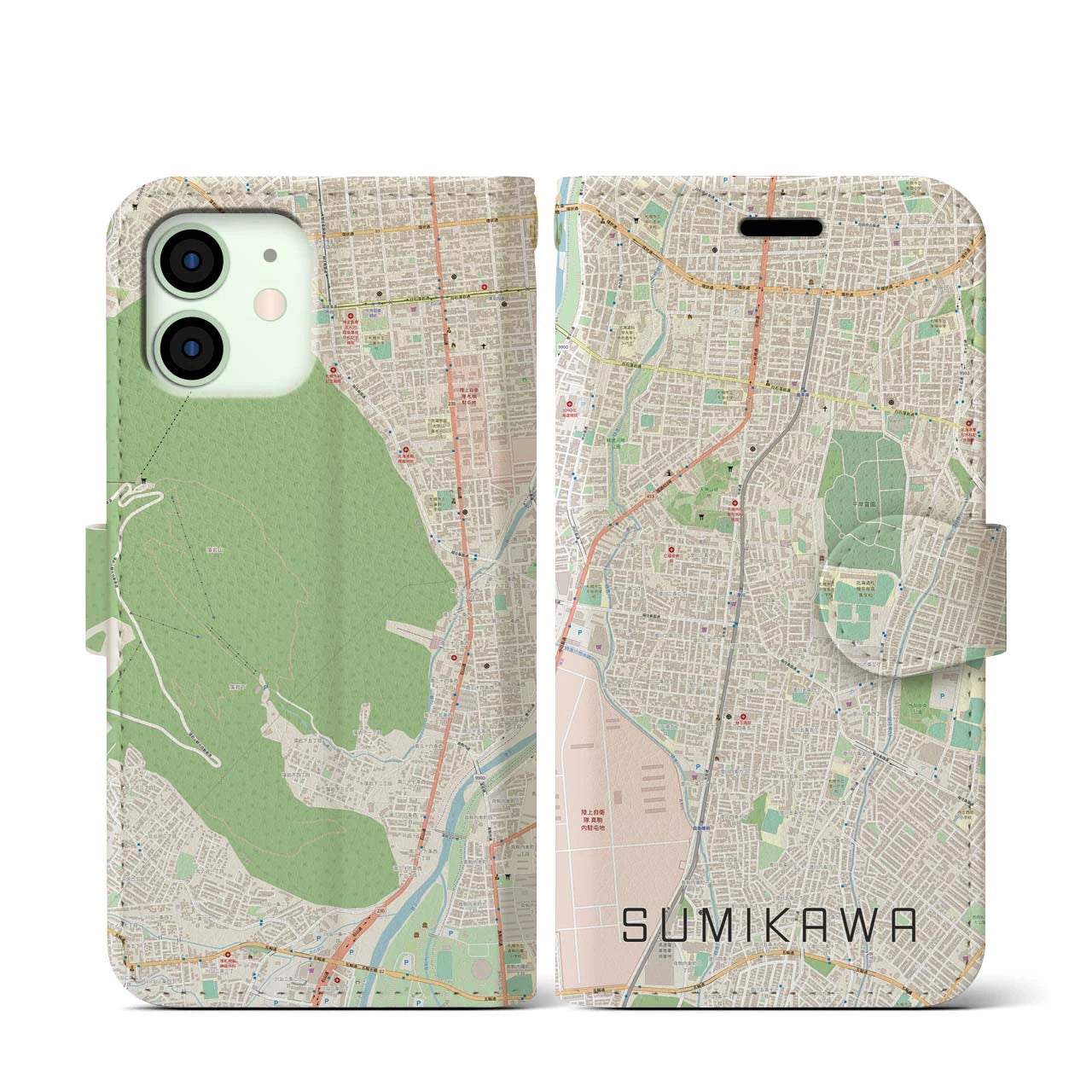 【澄川】地図柄iPhoneケース（手帳両面タイプ・ナチュラル）iPhone 12 mini 用