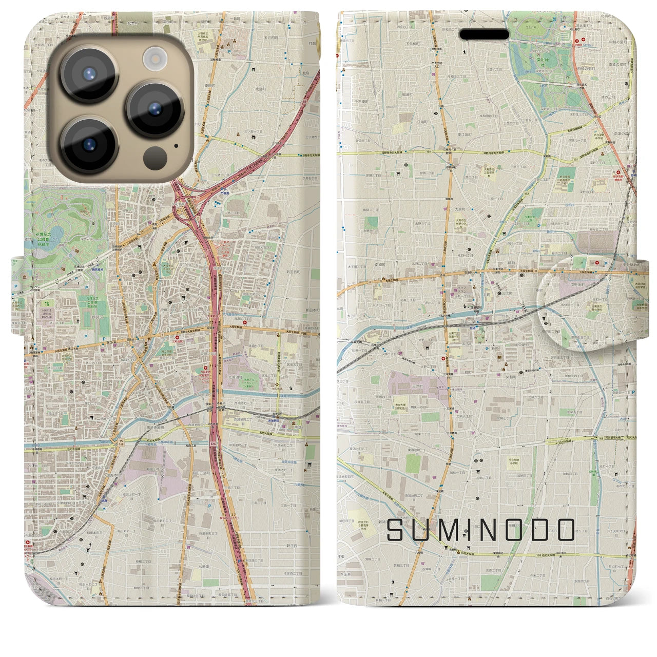【住道】地図柄iPhoneケース（手帳両面タイプ・ナチュラル）iPhone 14 Pro Max 用