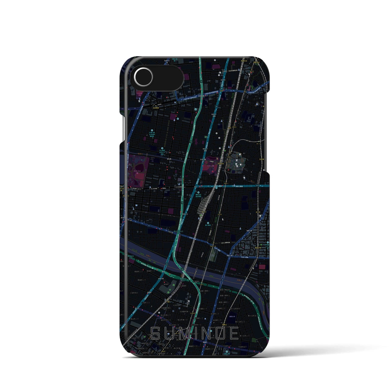 【住之江】地図柄iPhoneケース（バックカバータイプ・ブラック）iPhone SE（第3 / 第2世代） / 8 / 7 / 6s / 6 用