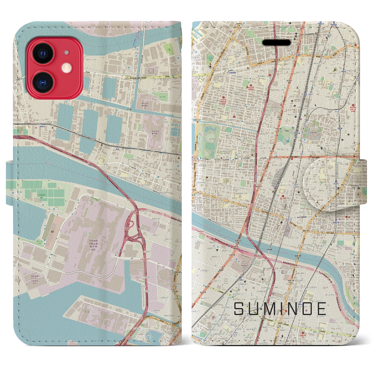 【住之江】地図柄iPhoneケース（手帳両面タイプ・ナチュラル）iPhone 11 用