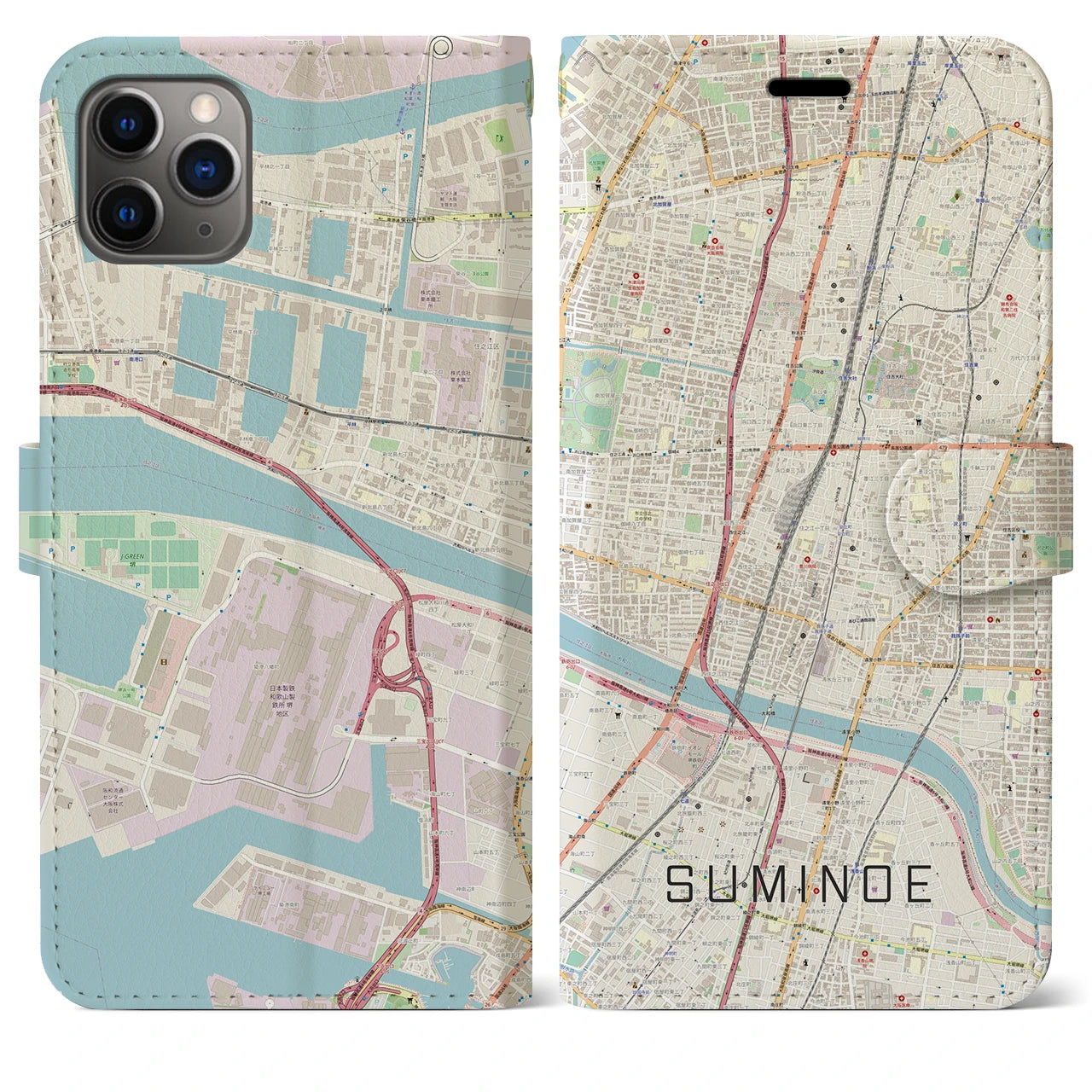 【住之江】地図柄iPhoneケース（手帳両面タイプ・ナチュラル）iPhone 11 Pro Max 用