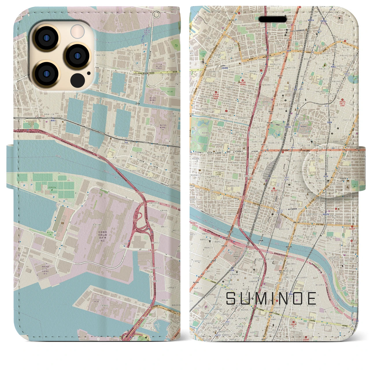 【住之江】地図柄iPhoneケース（手帳両面タイプ・ナチュラル）iPhone 12 Pro Max 用