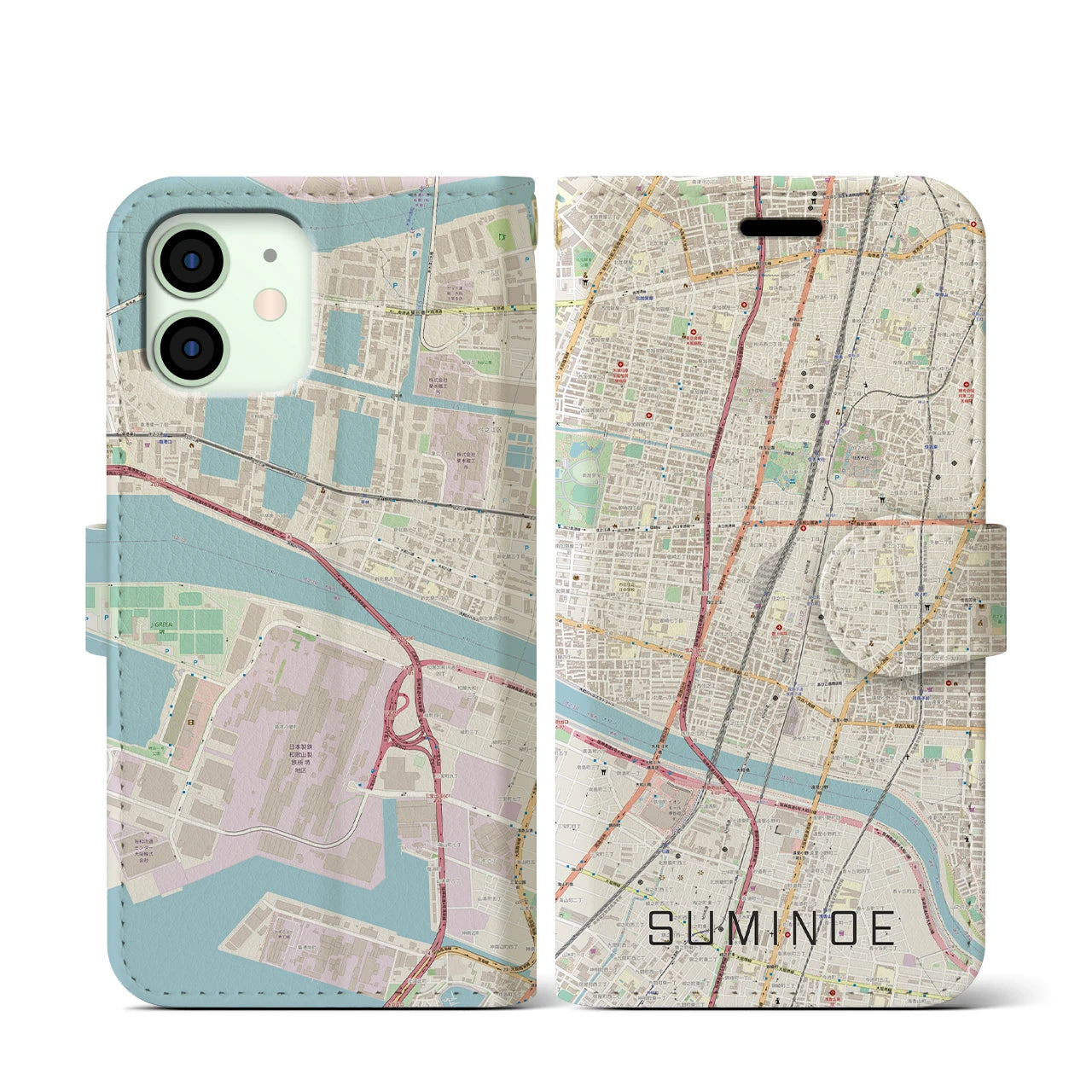 【住之江】地図柄iPhoneケース（手帳両面タイプ・ナチュラル）iPhone 12 mini 用