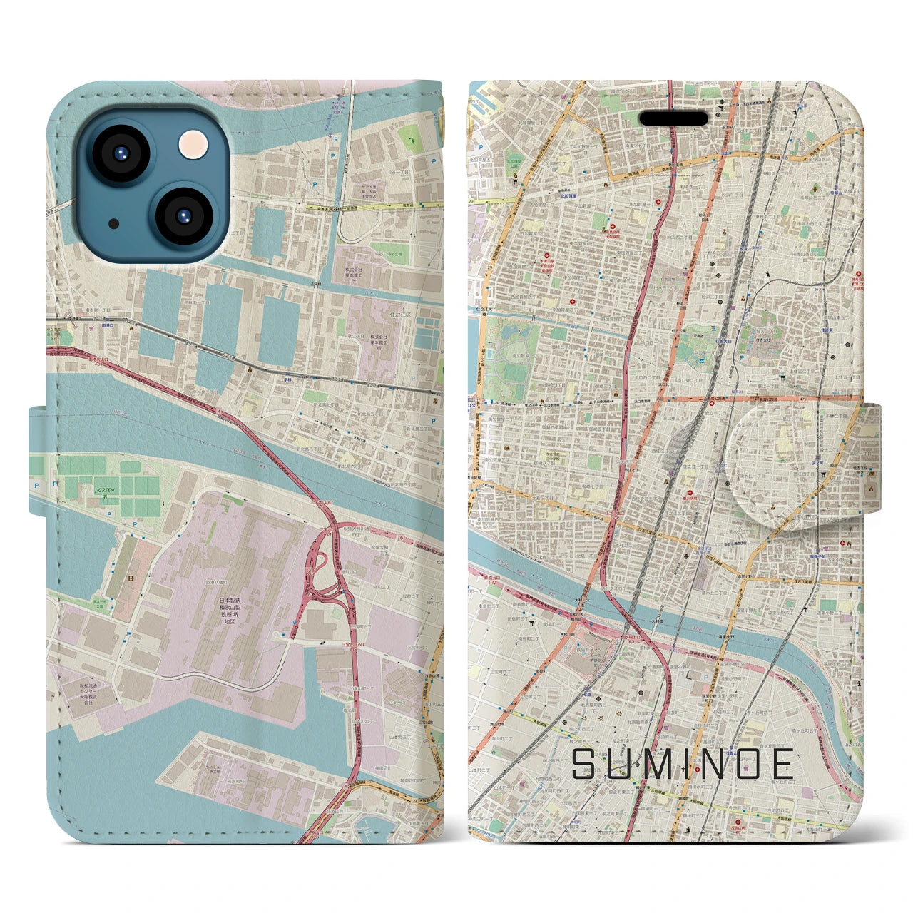 【住之江】地図柄iPhoneケース（手帳両面タイプ・ナチュラル）iPhone 13 用