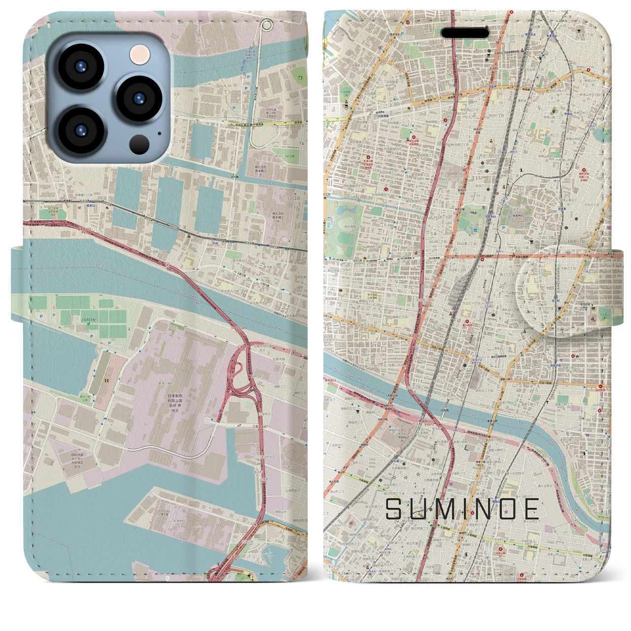 【住之江】地図柄iPhoneケース（手帳両面タイプ・ナチュラル）iPhone 13 Pro Max 用