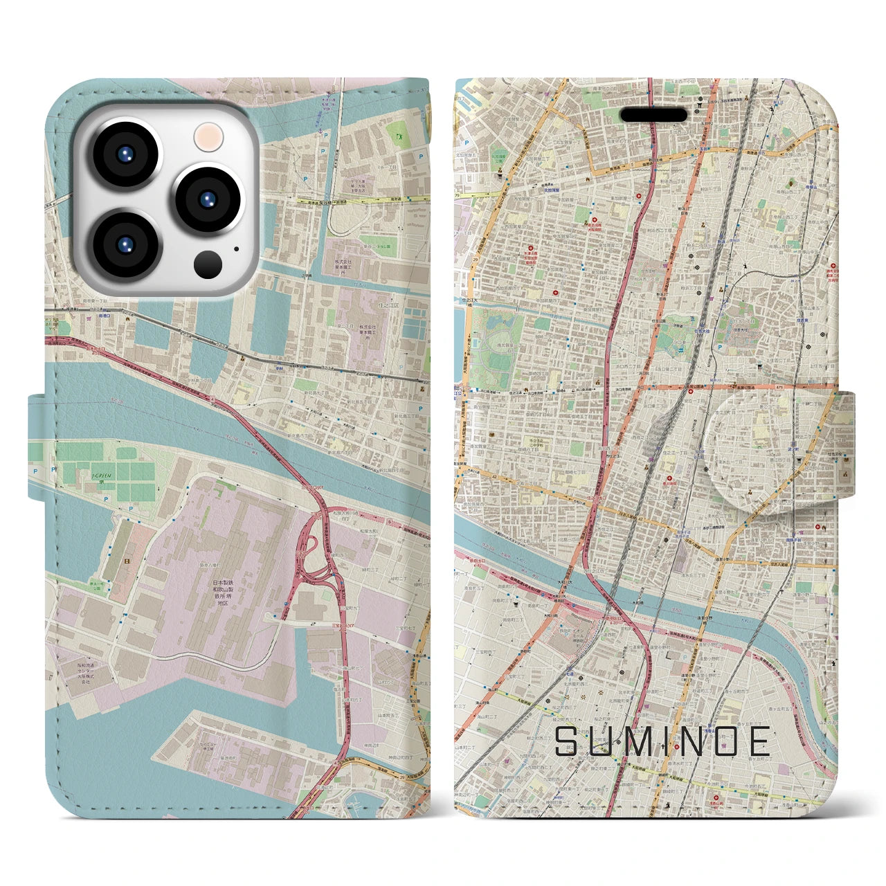 【住之江】地図柄iPhoneケース（手帳両面タイプ・ナチュラル）iPhone 13 Pro 用