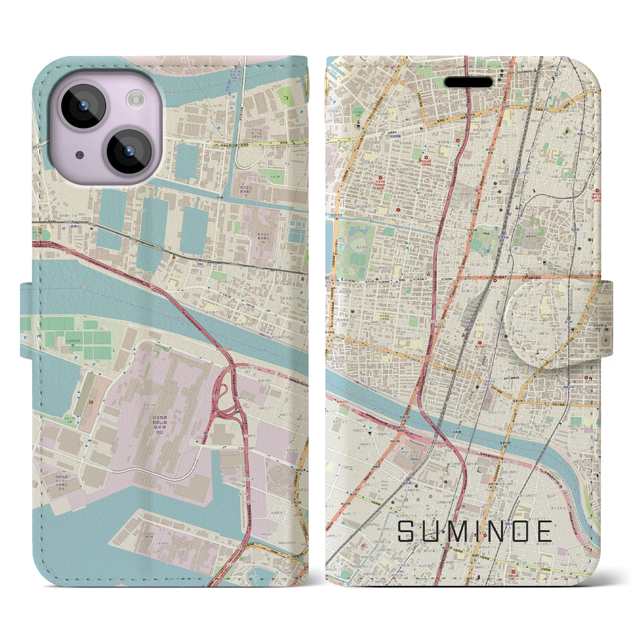 【住之江】地図柄iPhoneケース（手帳両面タイプ・ナチュラル）iPhone 14 用